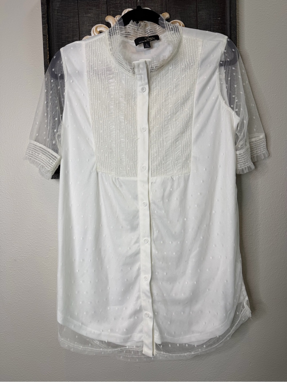 Suzanne Betro White Swiss Sheer Button Up Tunic Blouse